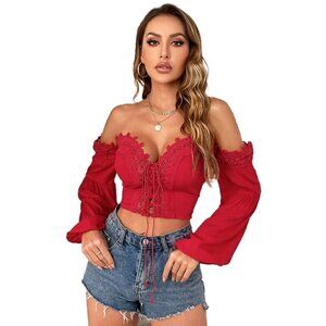 EILLY BAZAR Schiffy Top for Women Off Shoulder Lace Up Front Long Sleeve